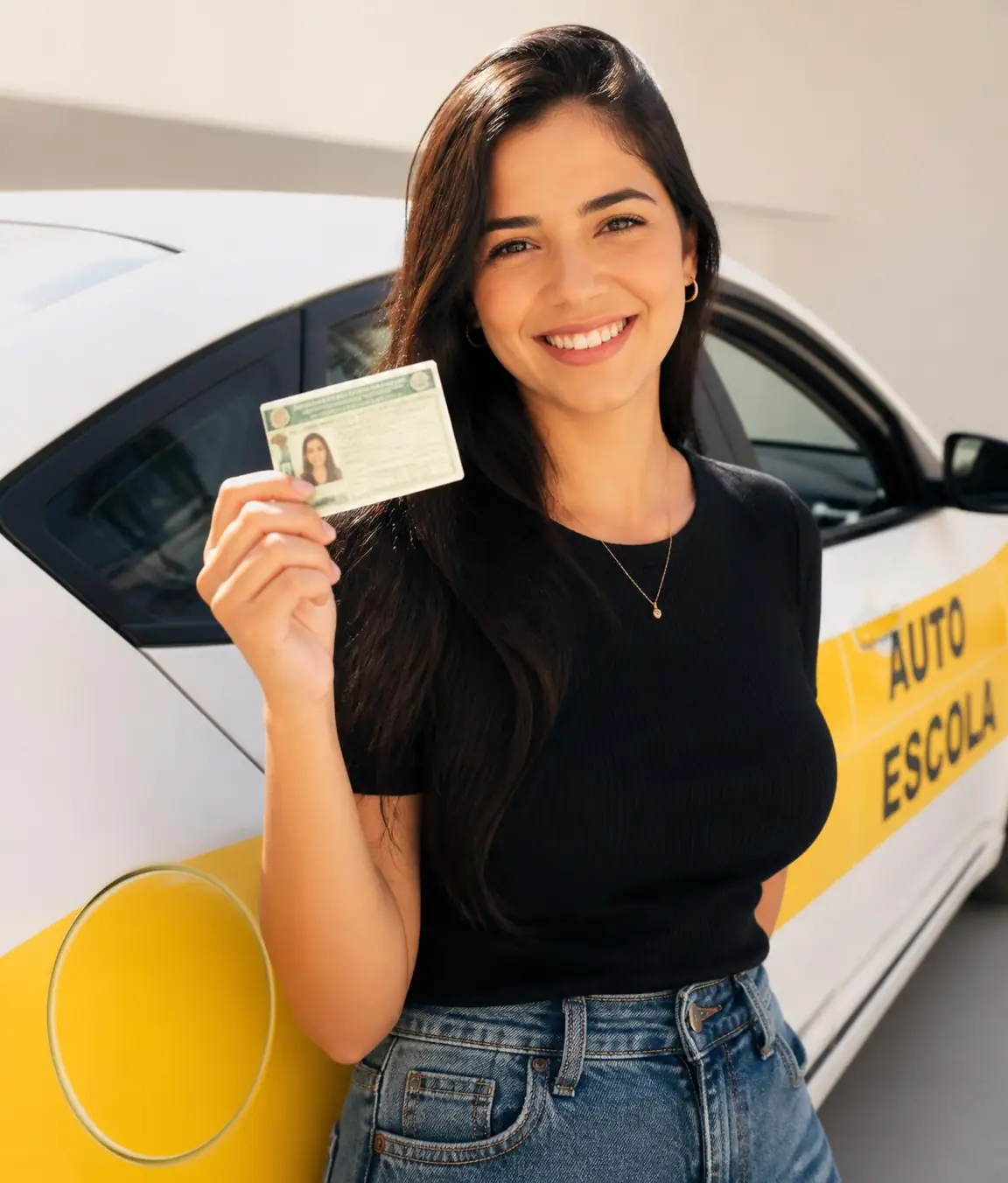 Aluna sorridente segurando CNH recém-obtida em frente a veículo de autoescola